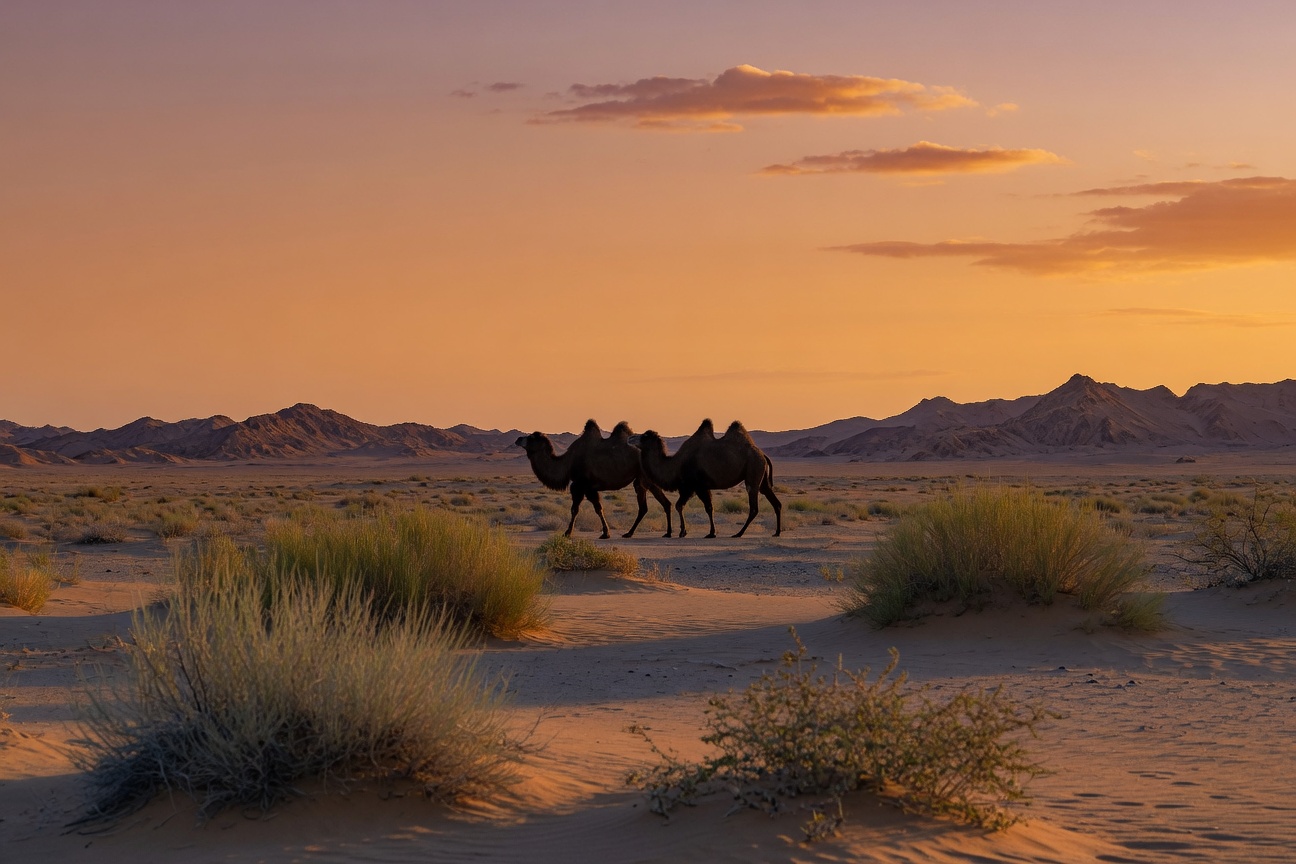 Two Bactrian camels walk across sandy dunes with sparse vegetation and mountains under a warm sunset sky.