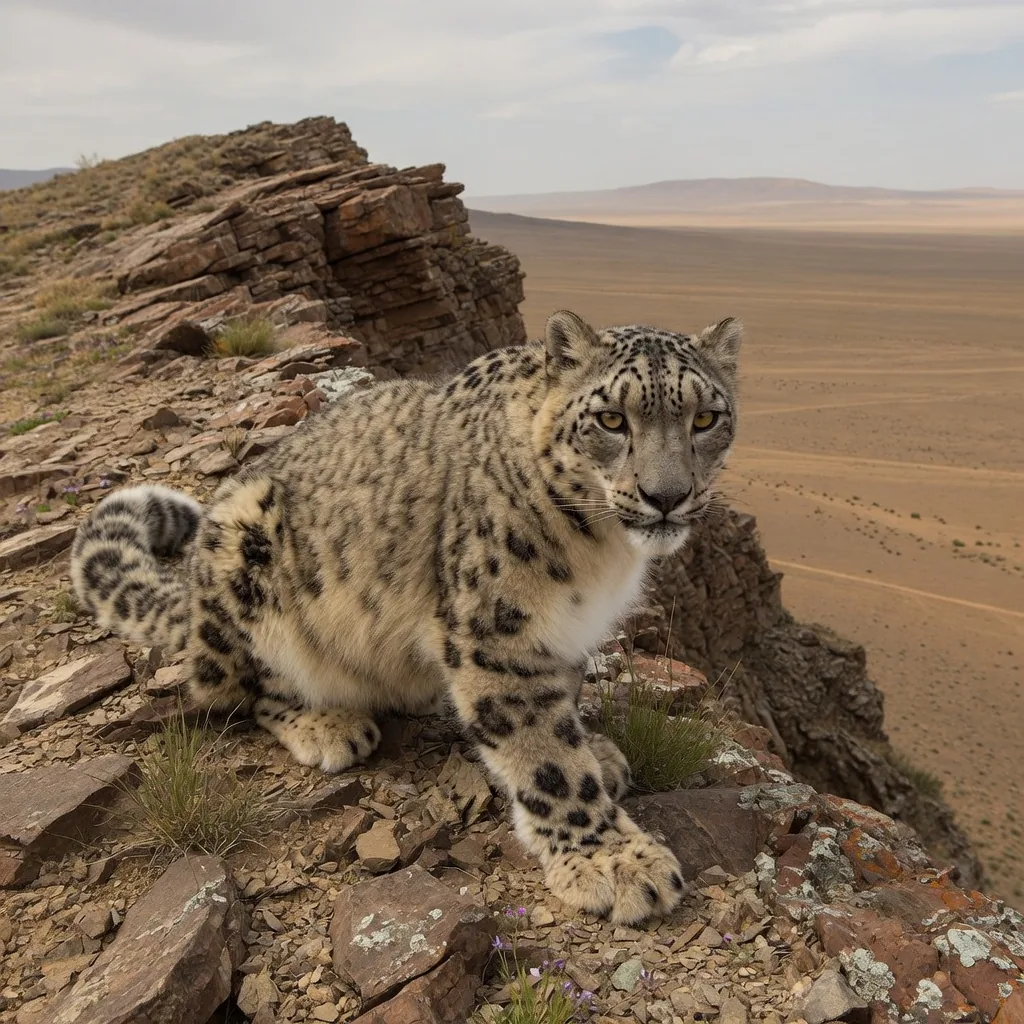 Snow leopard on rocky mountain ridge at the edge of the Gobi Desert