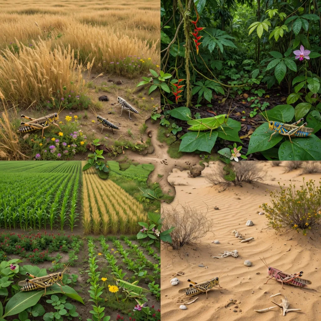 A split-scene showing four grasshopper habitats: golden grassland, tropical rainforest, desert, and crop fields