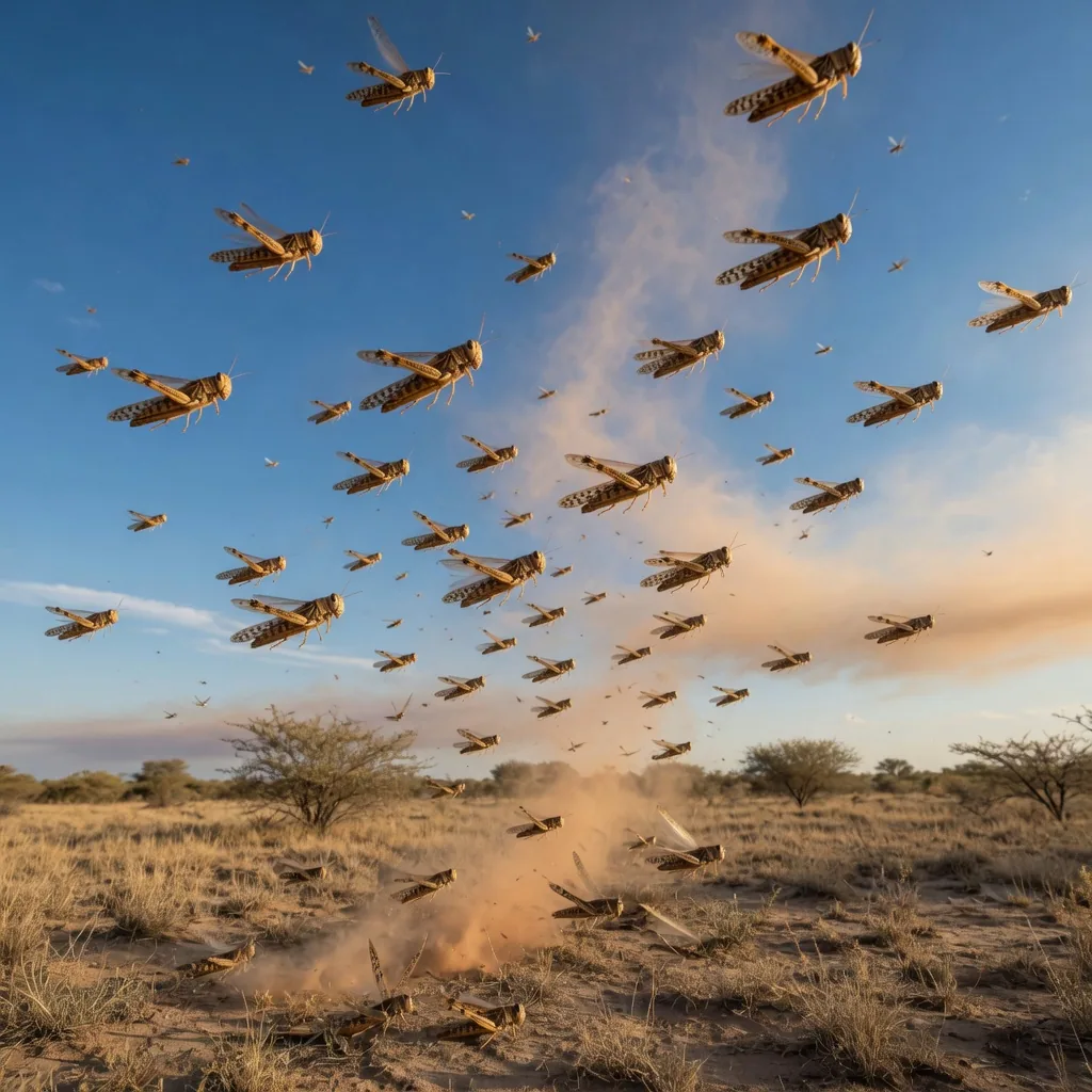 A swarm of grasshoppers migrating across a dry scrubland under a bright sky