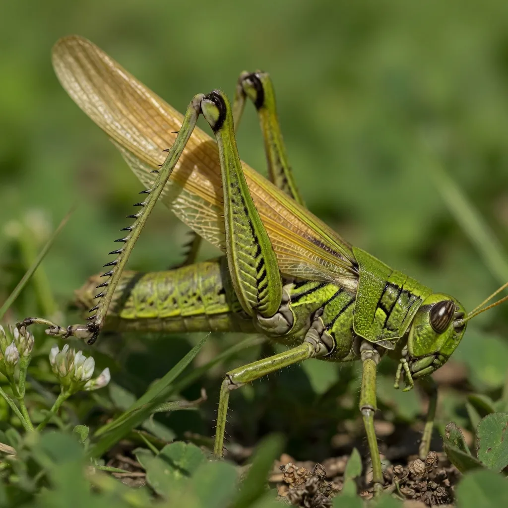 Close-up of a grasshopper rubbing its hind leg against its fore-wing to produce a chirping sound