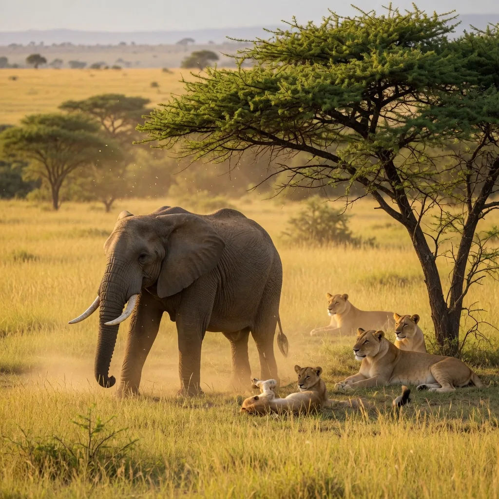 African elephant walking through tall golden savanna grass with a lion pride resting under an acacia tree in the background