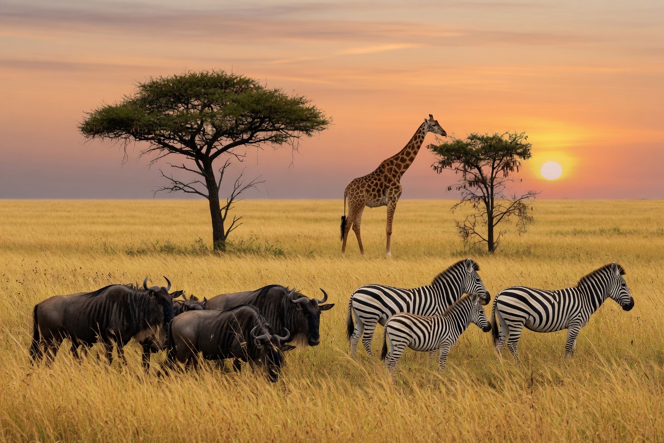 Wildebeest and zebras graze in tall golden grass near a giraffe and acacia trees against a sunset sky.