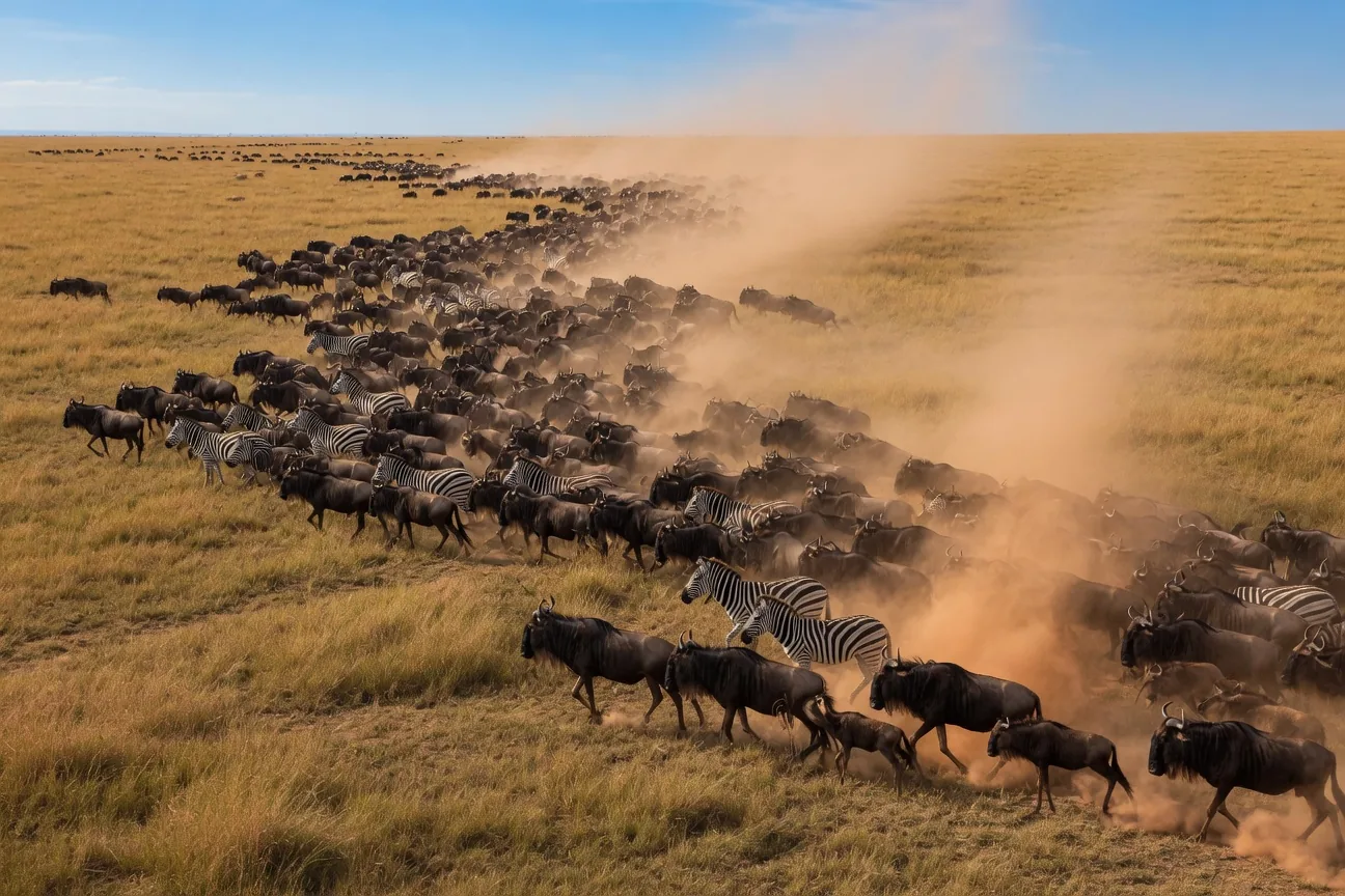 Thousands of wildebeest migrating across the African savanna, raising a massive dust cloud