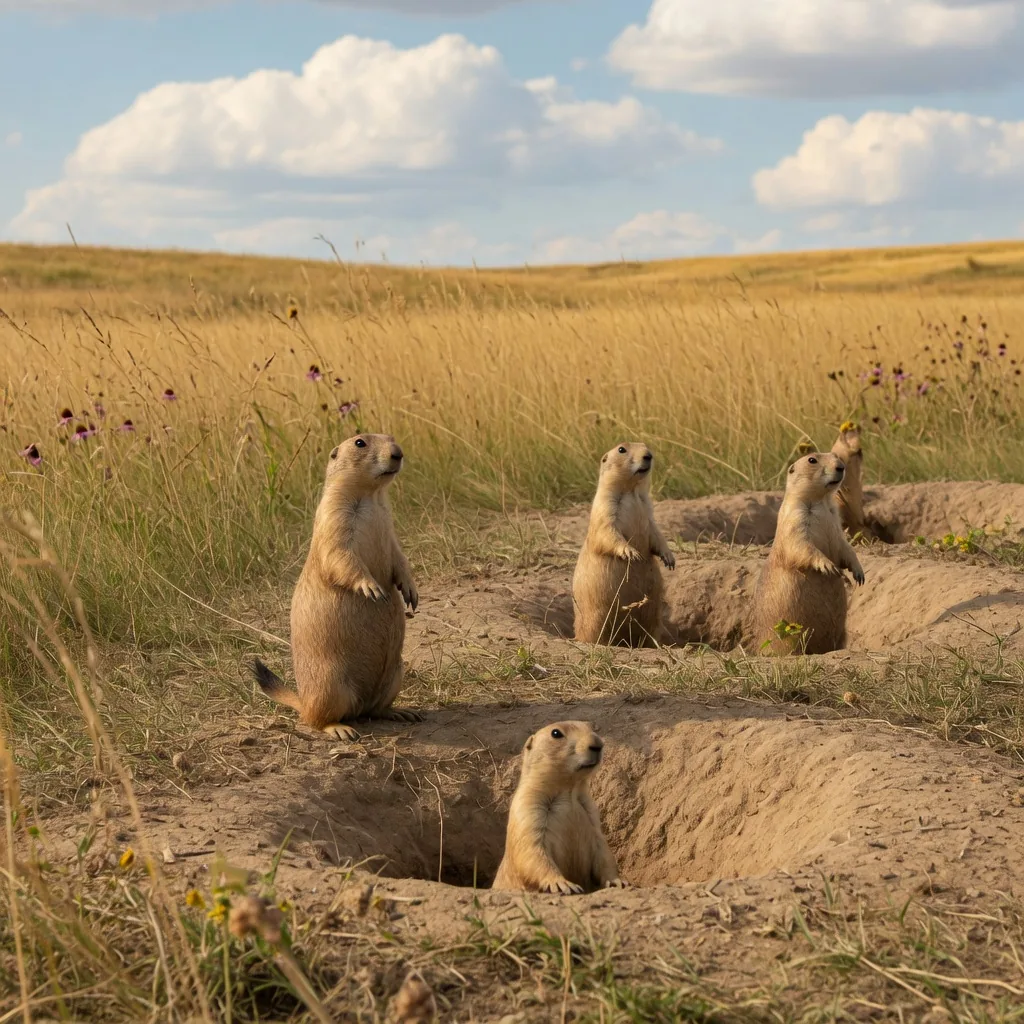 Prairie dogs standing upright at their burrow entrances on the North American prairie