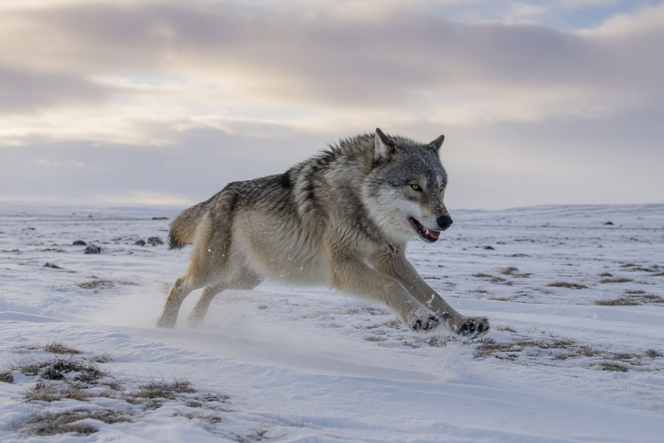 A gray wolf runs through a snowy landscape with patches of grass under a cloudy sky.