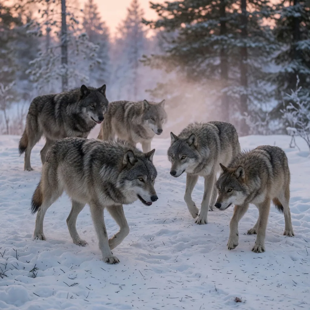 A pack of five gray wolves coordinating a hunt in a snowy forest clearing at dusk