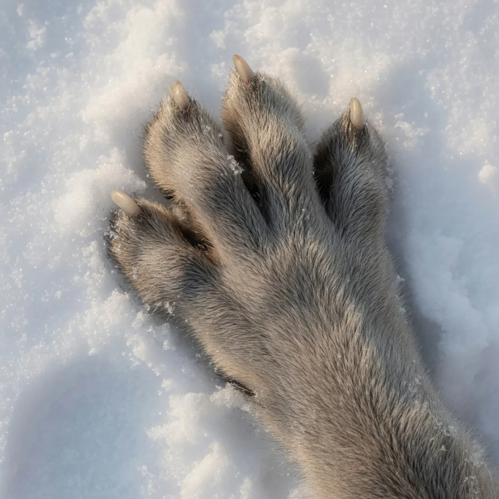 Close-up of a gray wolf paw spread wide in fresh snow, showing sharp claws for grip