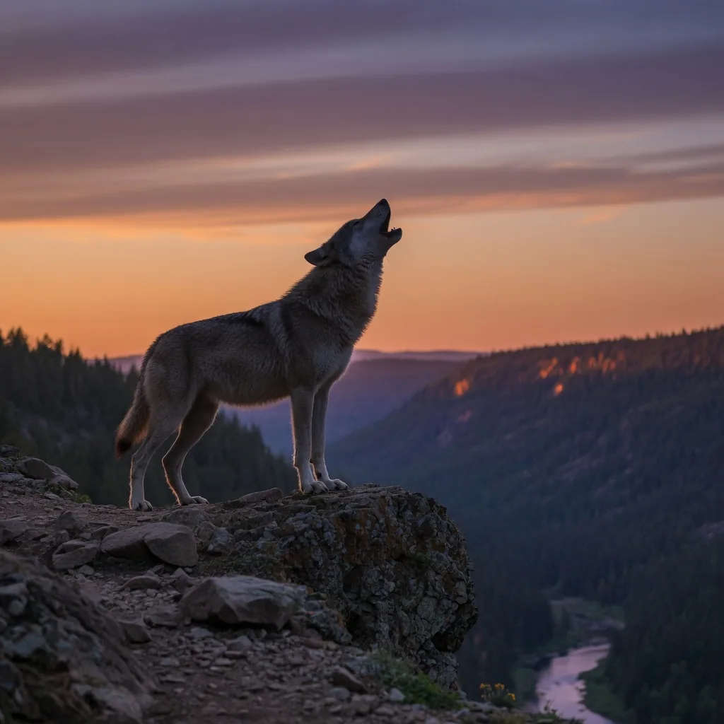 A lone gray wolf howling at dusk on a rocky cliff