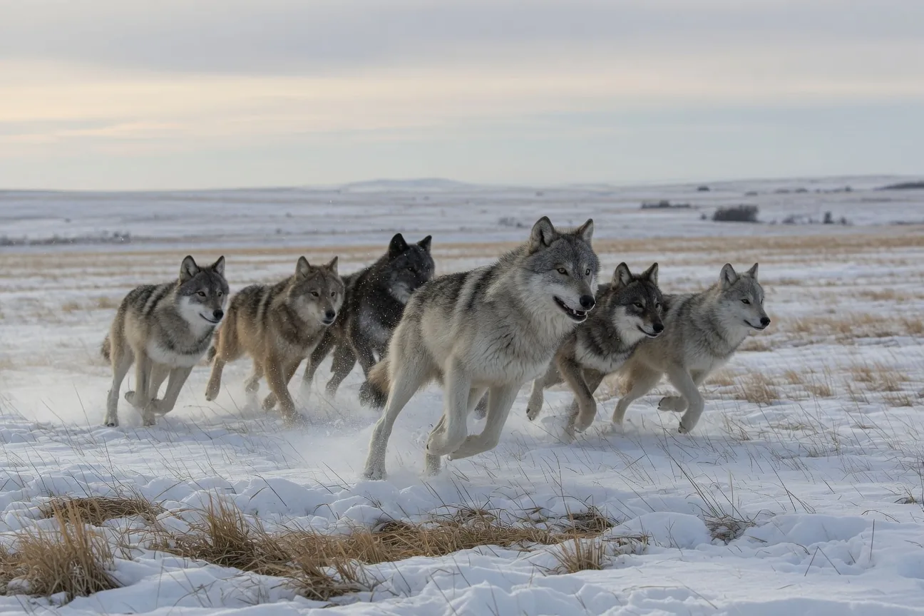 A gray wolf pack running across a snowy plain