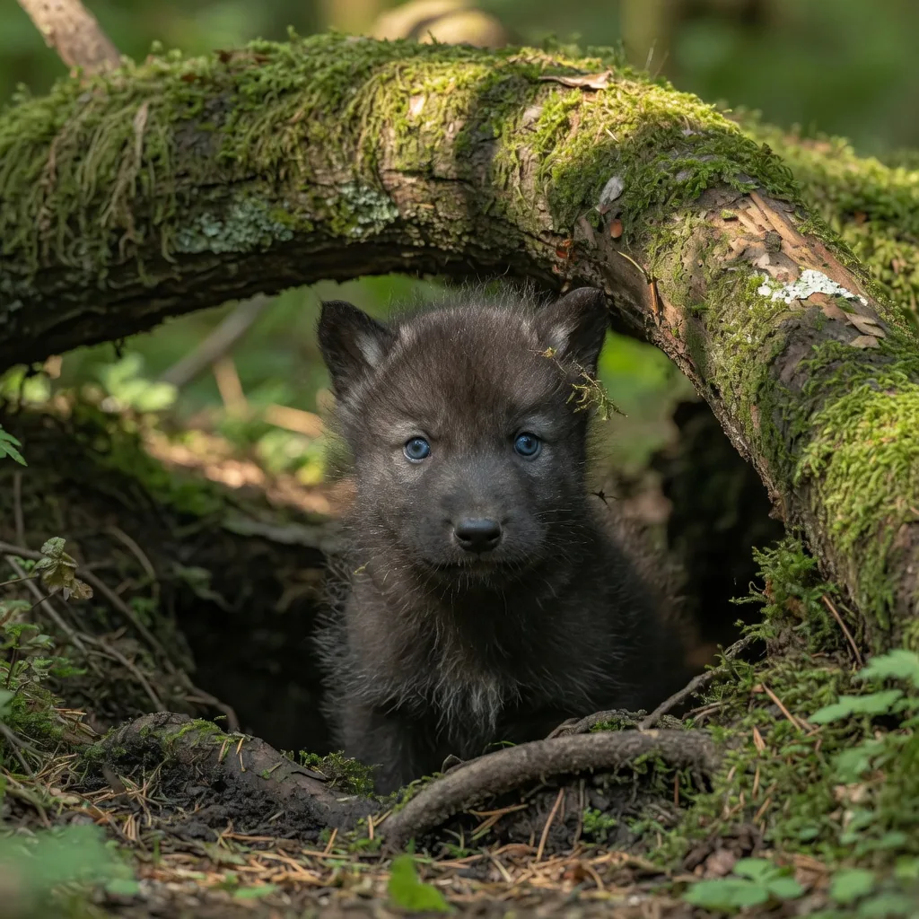 A gray wolf pup with blue eyes peering from its den