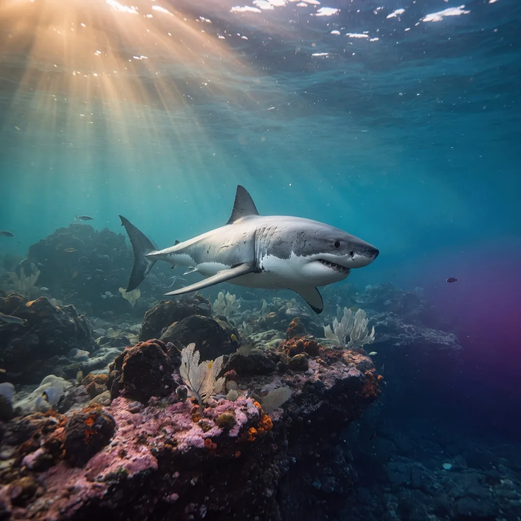 Great white shark near underwater reef
