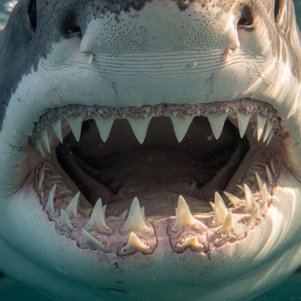 Close-up of great white shark teeth