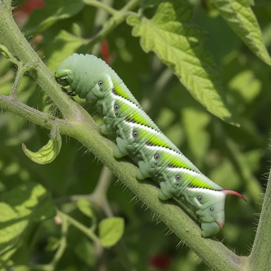 Green tobacco hornworm with white side stripes and a red tail horn on a tomato stem