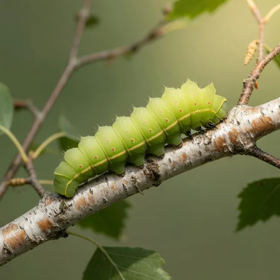 Pale lime-green luna moth caterpillar on a birch twig