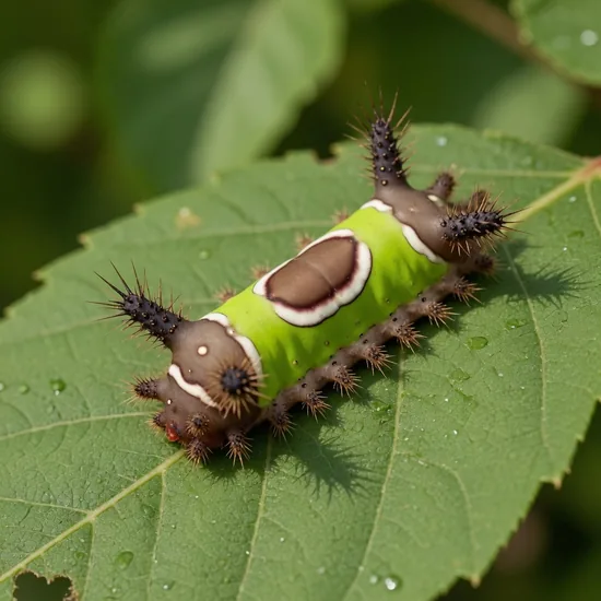 Saddleback caterpillar with a brown-and-white saddle and stinging spines on a leaf