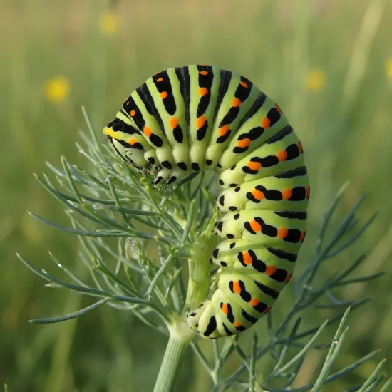 Old World swallowtail caterpillar, green with black bands and orange-yellow spots on fennel