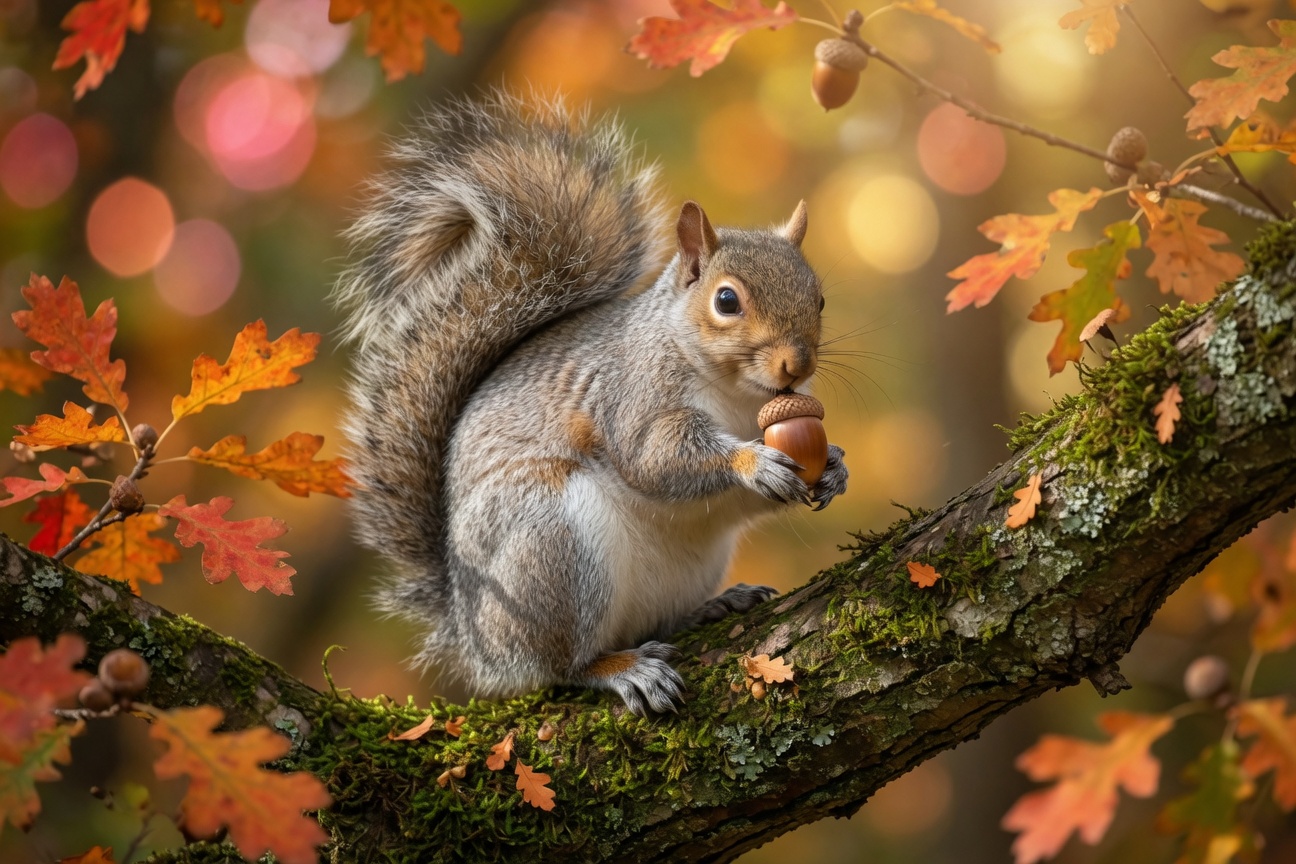 A gray squirrel sits on a mossy branch holding an acorn surrounded by autumn leaves.