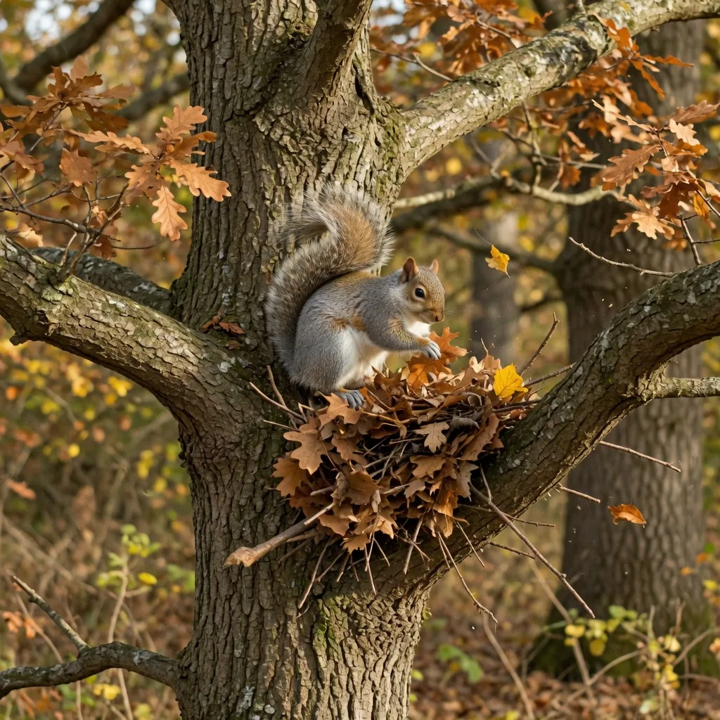 A gray squirrel building its drey nest from leaves and twigs in a tree fork
