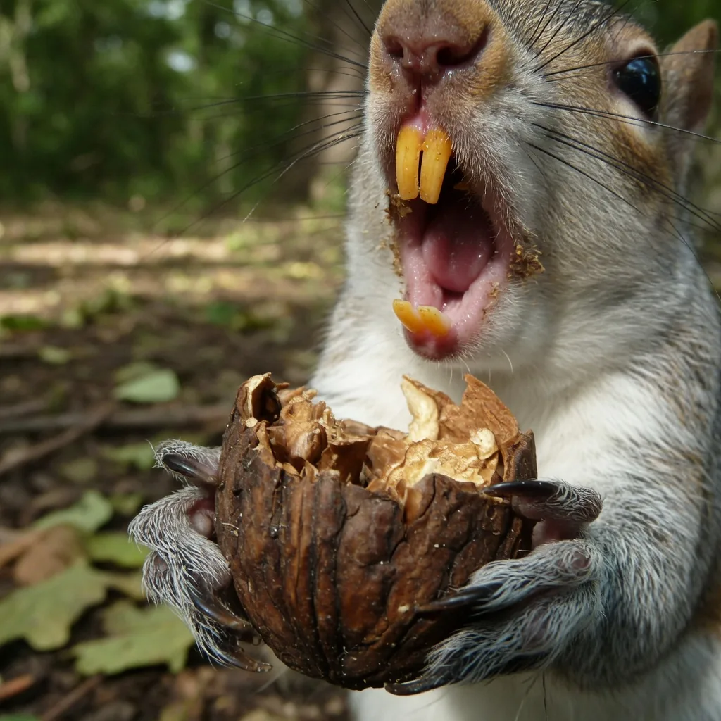 Close-up of a gray squirrel gnawing on a hard nut, showing its large chisel-shaped front teeth