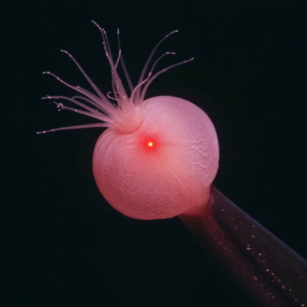 A bioluminescent pink glow from the photophore at the tip of a gulper eel's tail in the dark deep sea