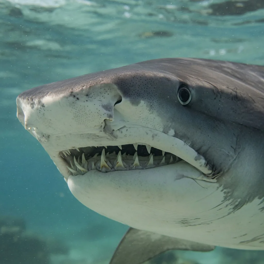 Close-up of a tiger shark's head showing its wedge-shaped snout, sharp serrated teeth, and dark eye