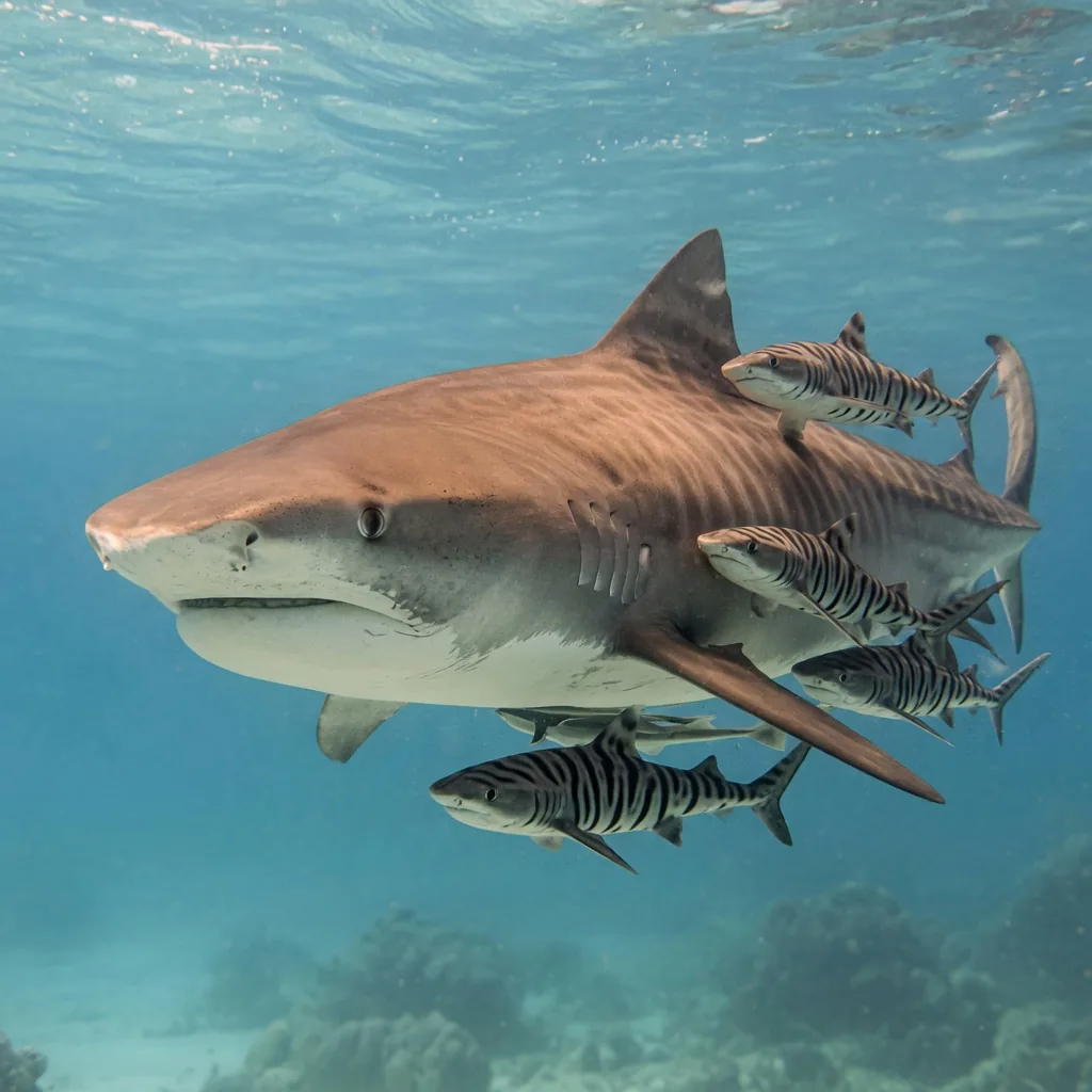 A large female tiger shark swimming alongside several smaller tiger shark pups in warm ocean water