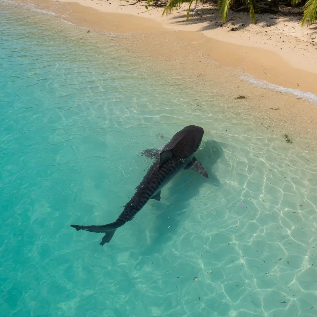 Tiger shark swimming near a shallow tropical coastline, seen from above through clear turquoise water