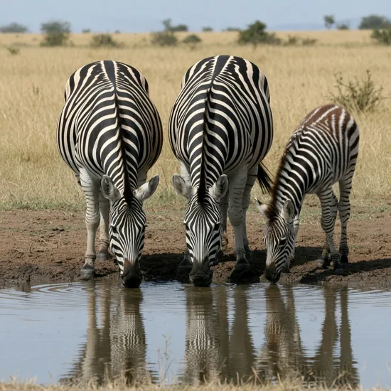 Three plains zebras drinking water at a savanna waterhole