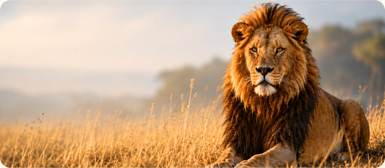 A male lion with a full golden mane resting in tall savanna grass