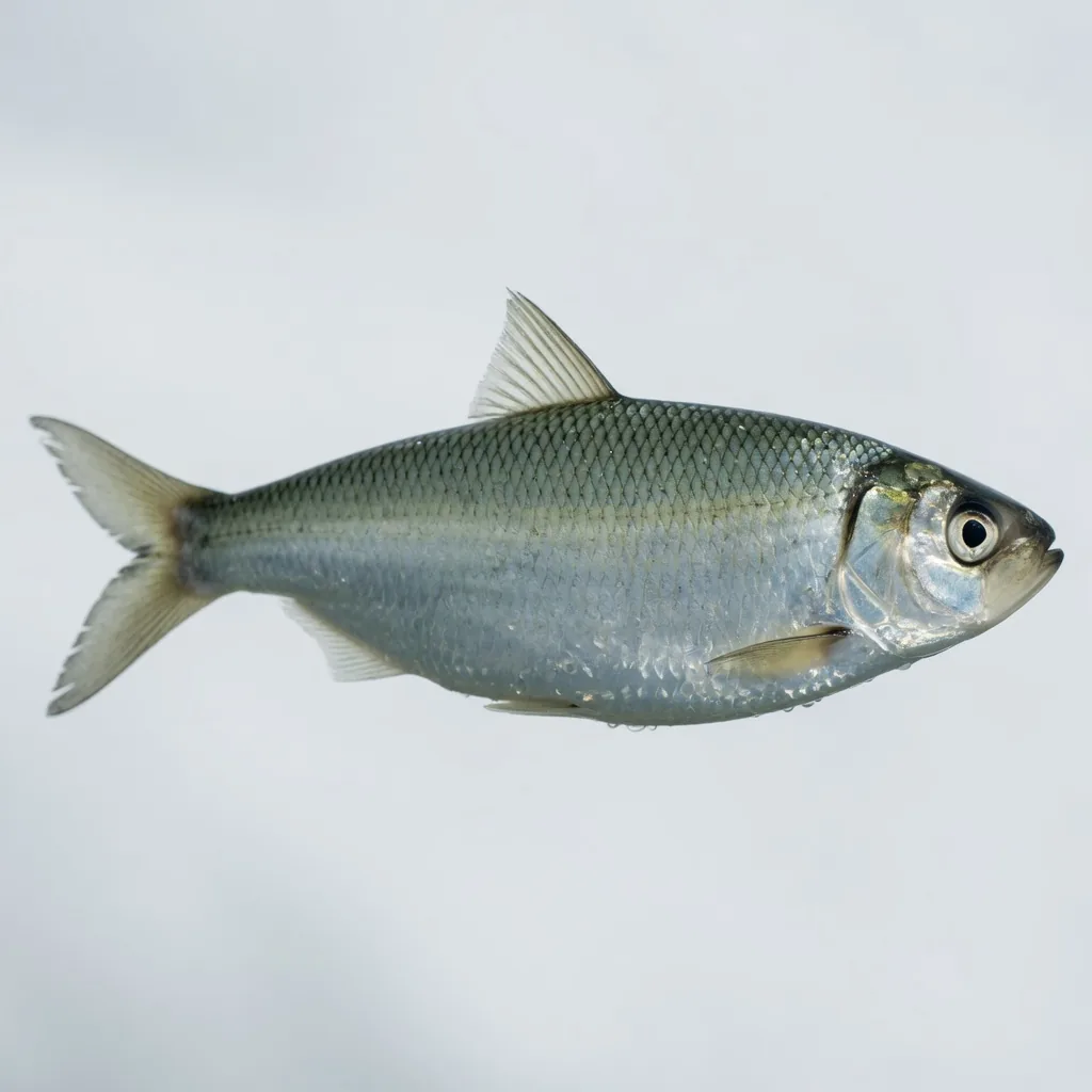 Close-up side view of an Atlantic herring showing its silver scales, single dorsal fin, and forked tail