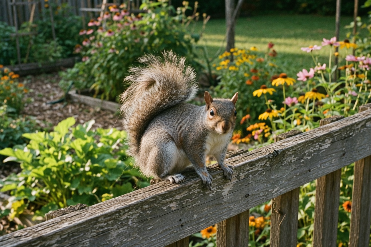 A grey squirrel with a bushy tail sits on a wooden fence rail in a garden filled with colorful flowers.