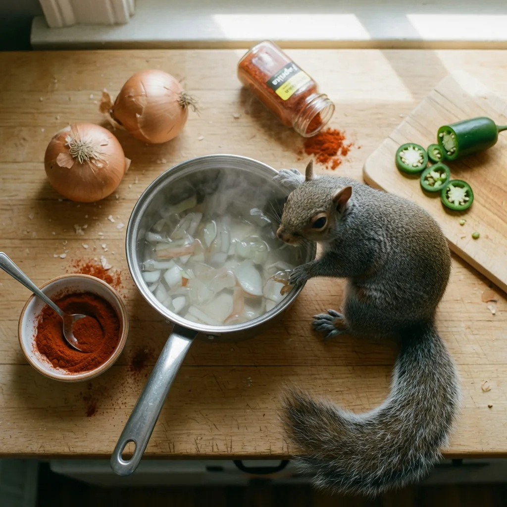 Ingredients for the Cayenne Pepper, Onion squirrel repellent: onions, jalapeno, cayenne powder, paprika, and a saucepan