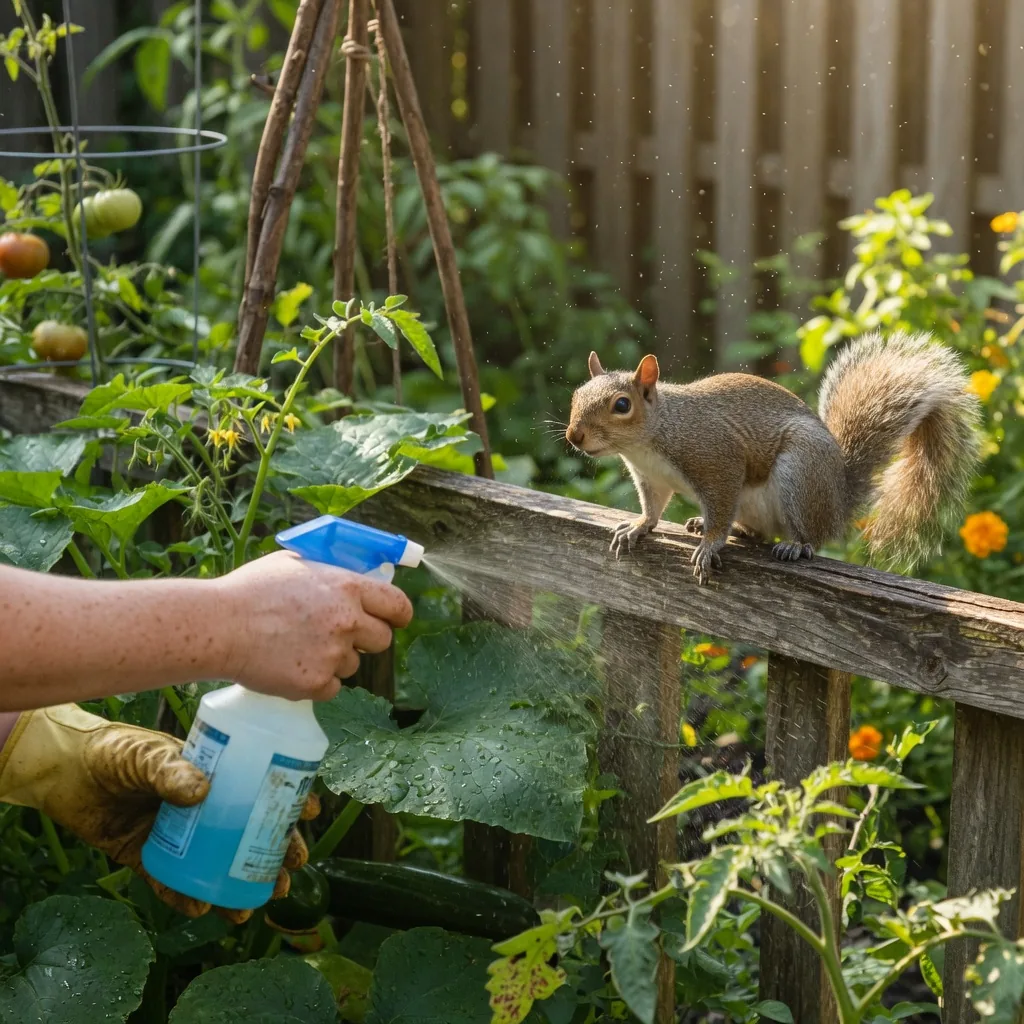 Spraying homemade squirrel repellent on garden plants while a squirrel watches from the fence