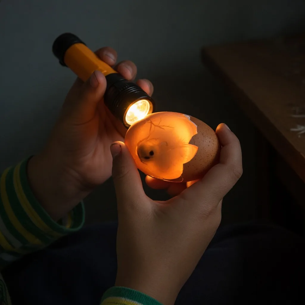 Hands holding a bright LED flashlight against a brown egg in a dark room to check if it is fertilized