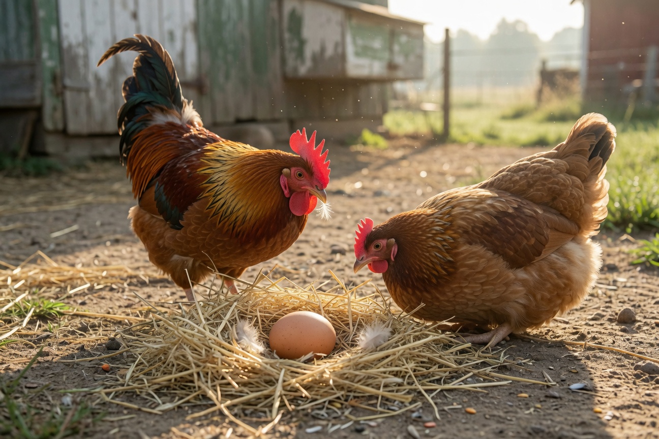 A rooster and hen stand near a straw nest containing a brown egg in a farmyard.