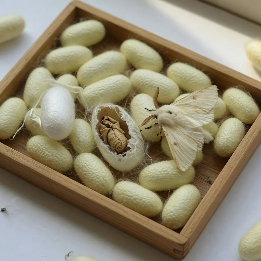 Cream silk cocoons on a tray, one open to show the dry pupa inside, an adult silk moth resting beside it