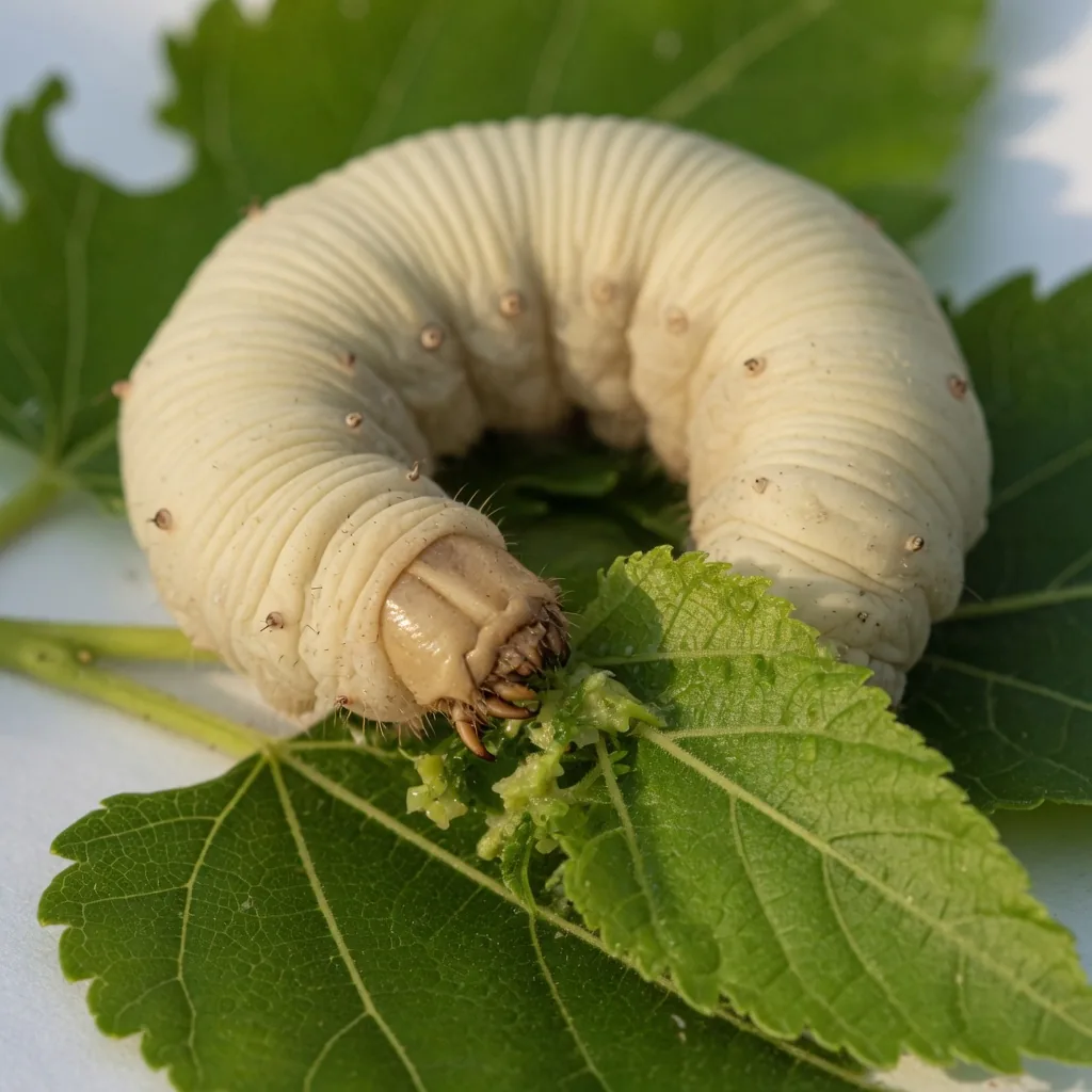 A cream-colored silkworm larva feeding on bright green mulberry leaves, strong jaws visible