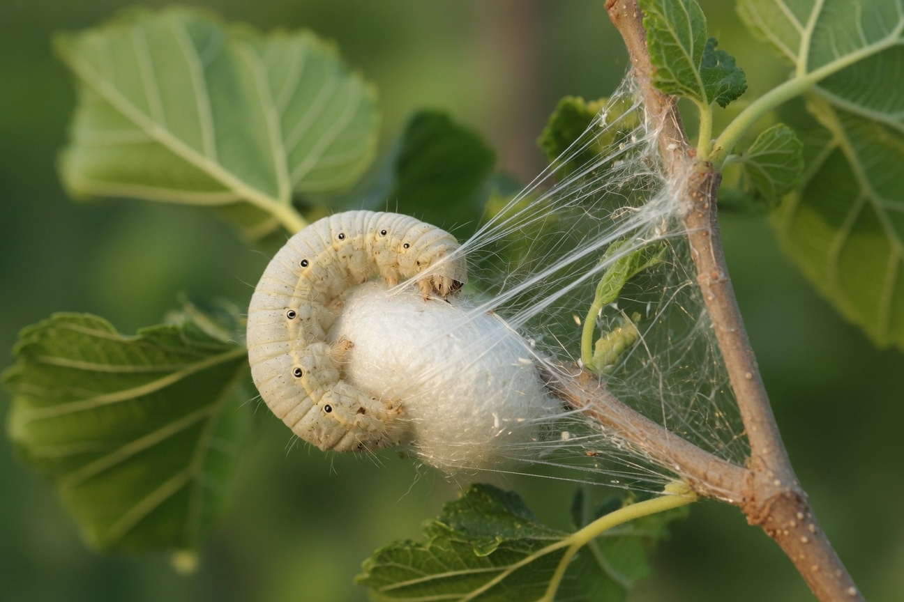 A pale silkworm caterpillar curls around a white silk cocoon on a mulberry branch.