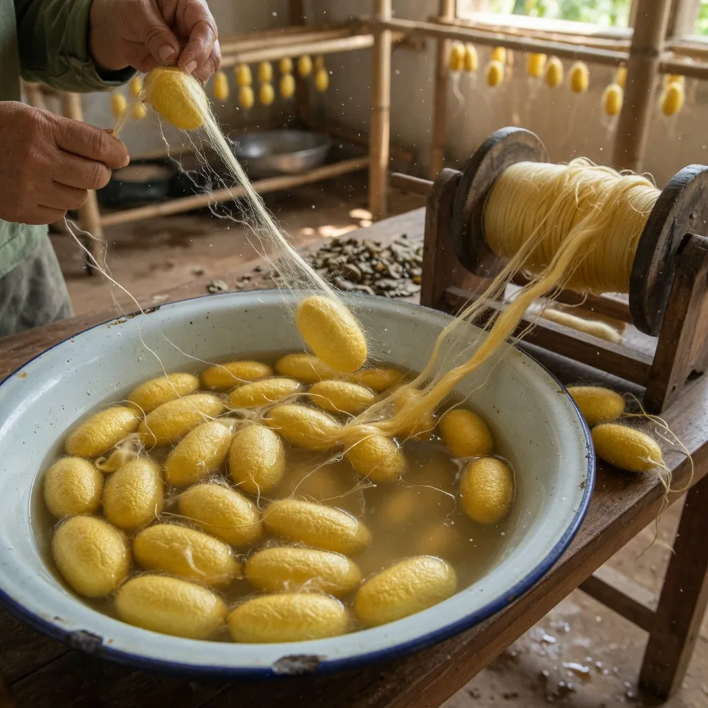 Golden cocoons floating in warm water in a wide bowl while silk threads are reeled onto a spool in a sericulture workshop