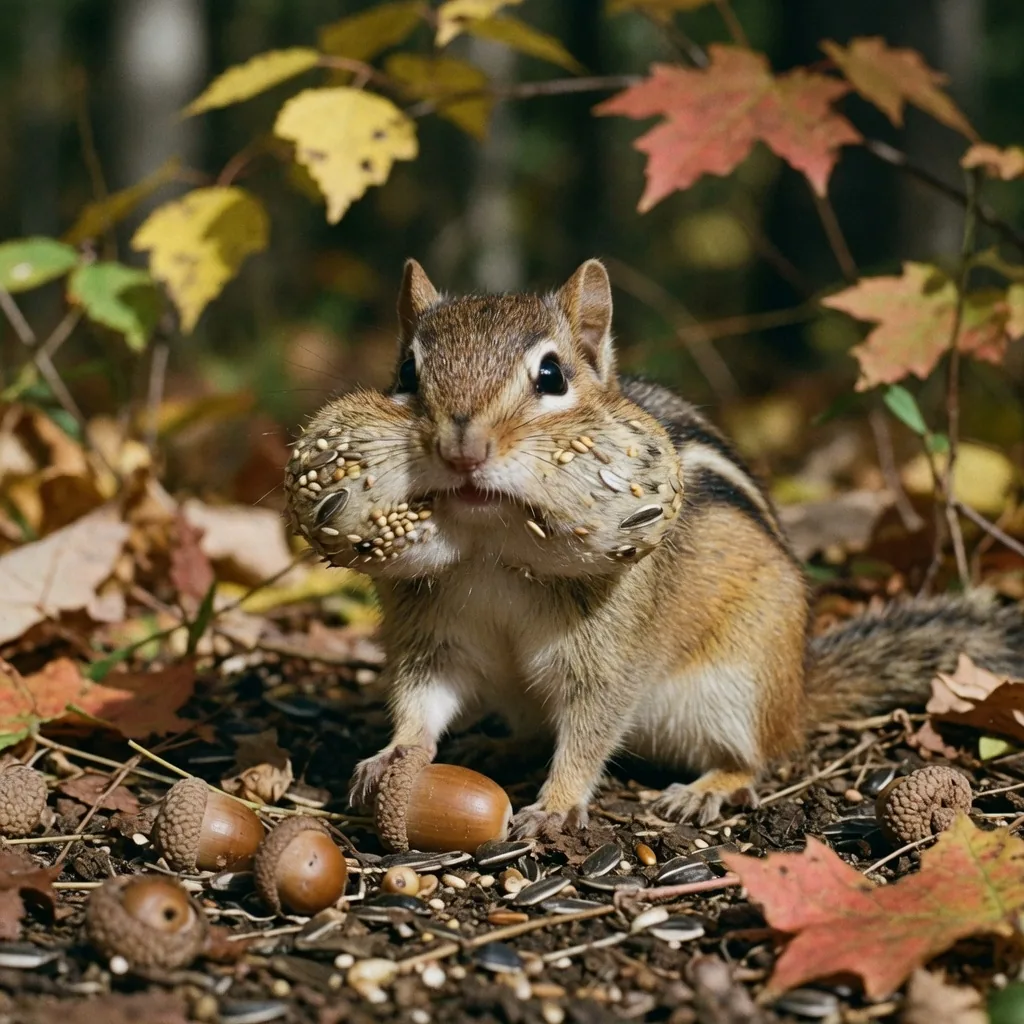 A chipmunk with cheeks stuffed full of seeds, showing its bulging cheek pouches