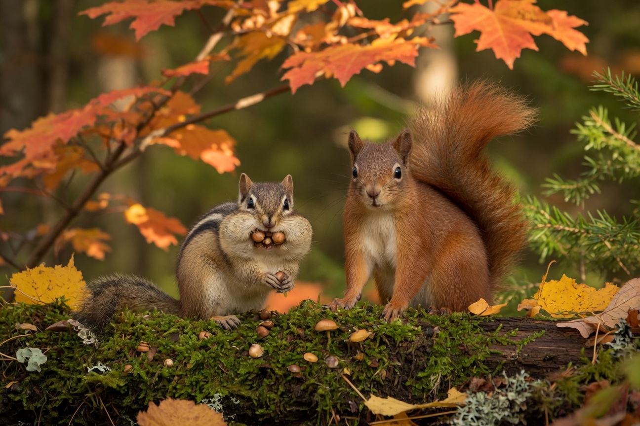 A chipmunk holding nuts in its cheeks sits beside a red squirrel on a mossy log surrounded by autumn leaves.