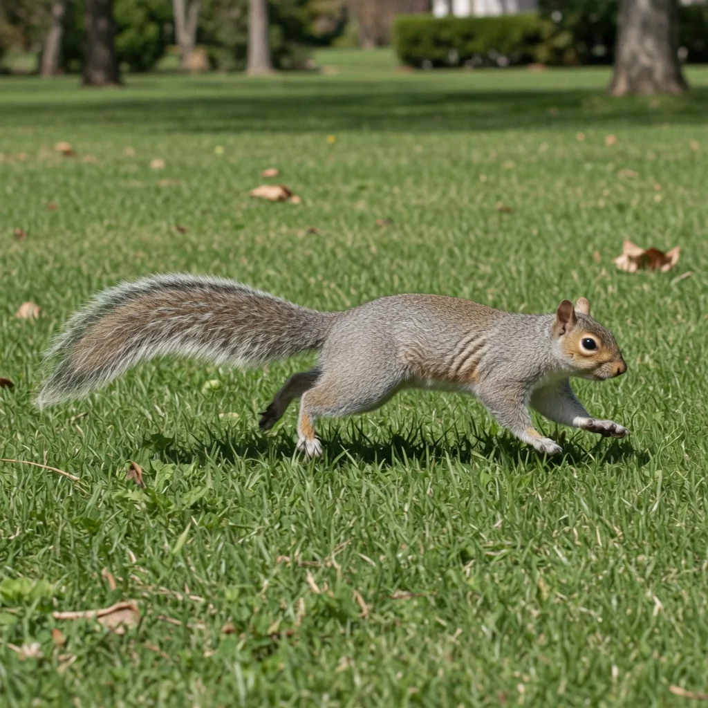 A squirrel running with its bushy tail held at a horizontal angle