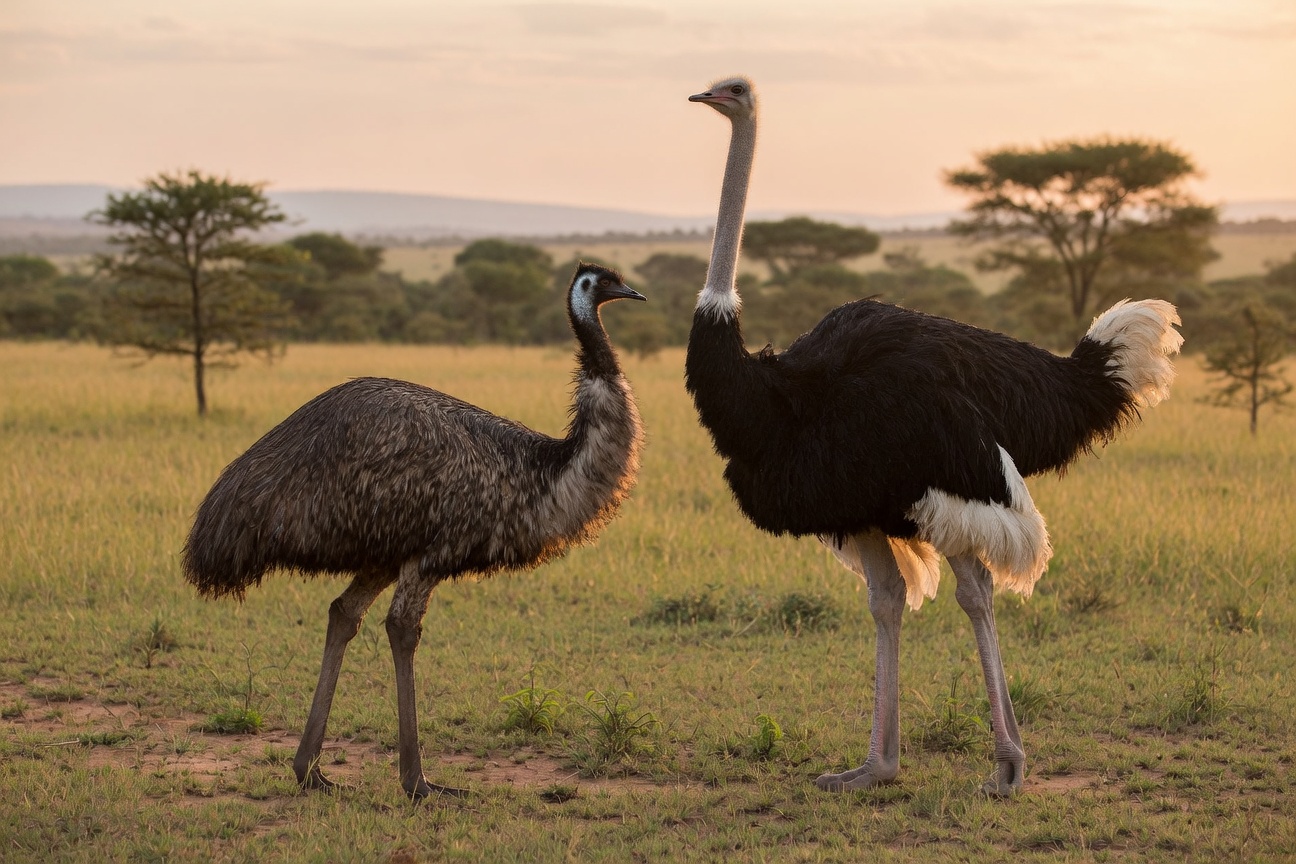 An emu and an ostrich stand side-by-side in a grassy field with trees in the background.