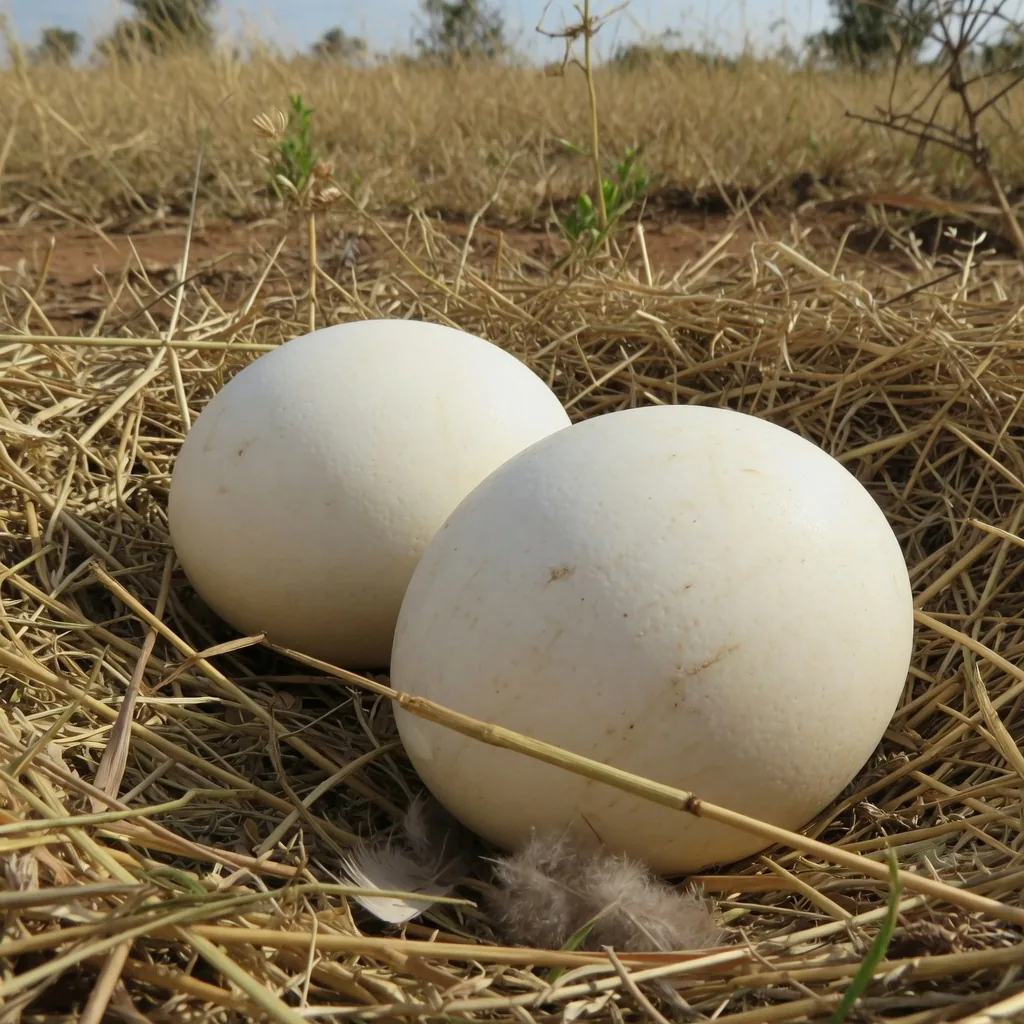 Two large round ivory-white ostrich eggs on straw in an African nest