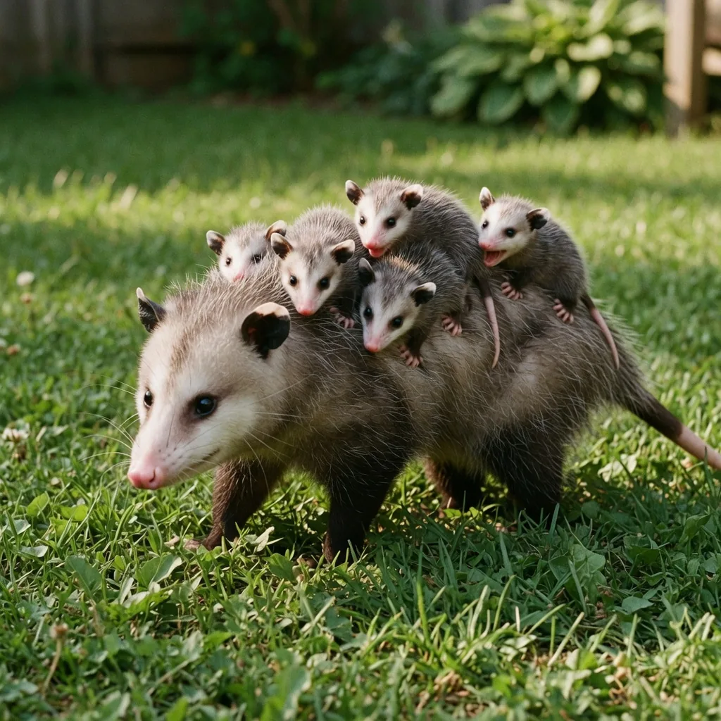 Mother Virginia opossum with tiny babies clinging to her back, walking through grass
