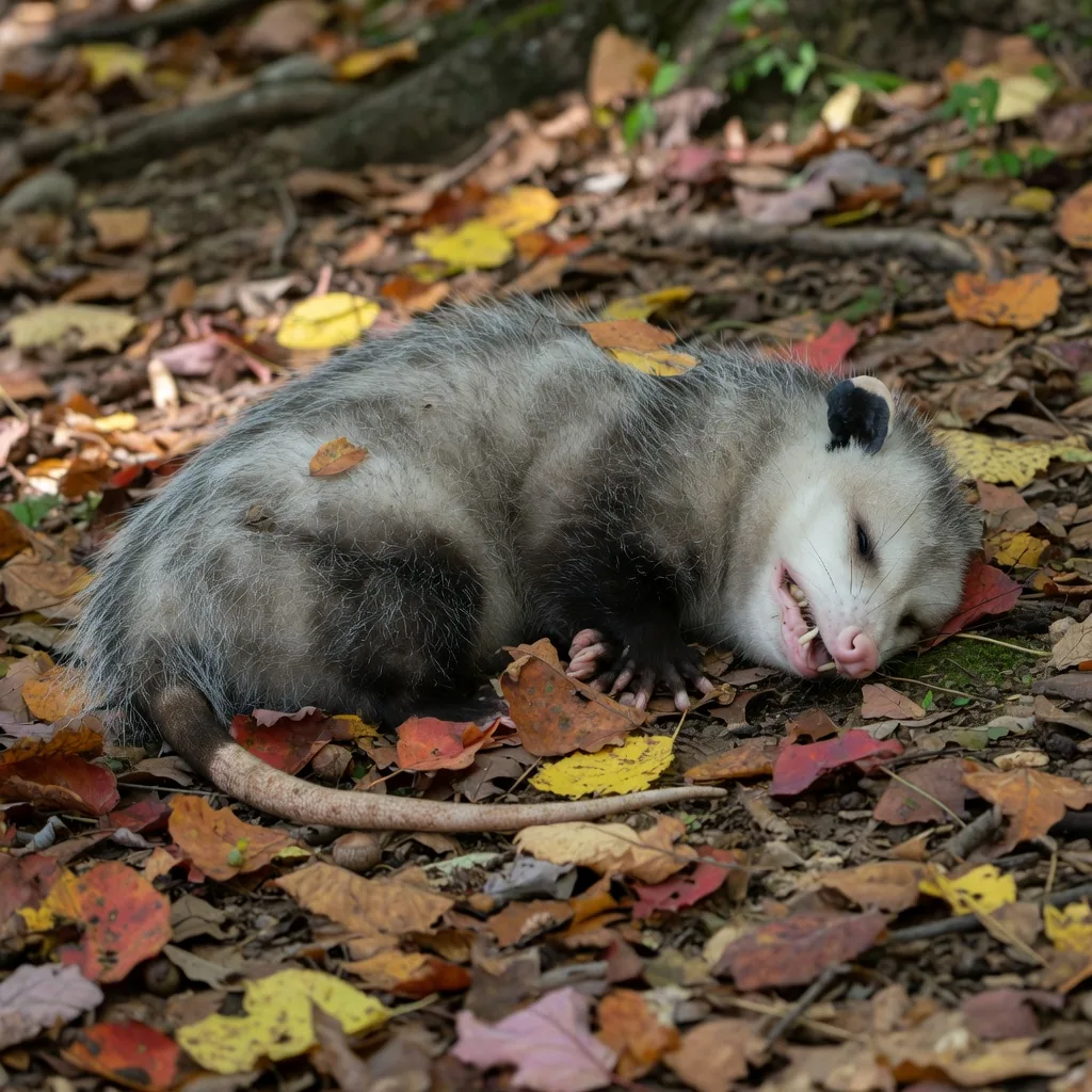 Virginia opossum lying motionless on a forest floor, playing dead among autumn leaves