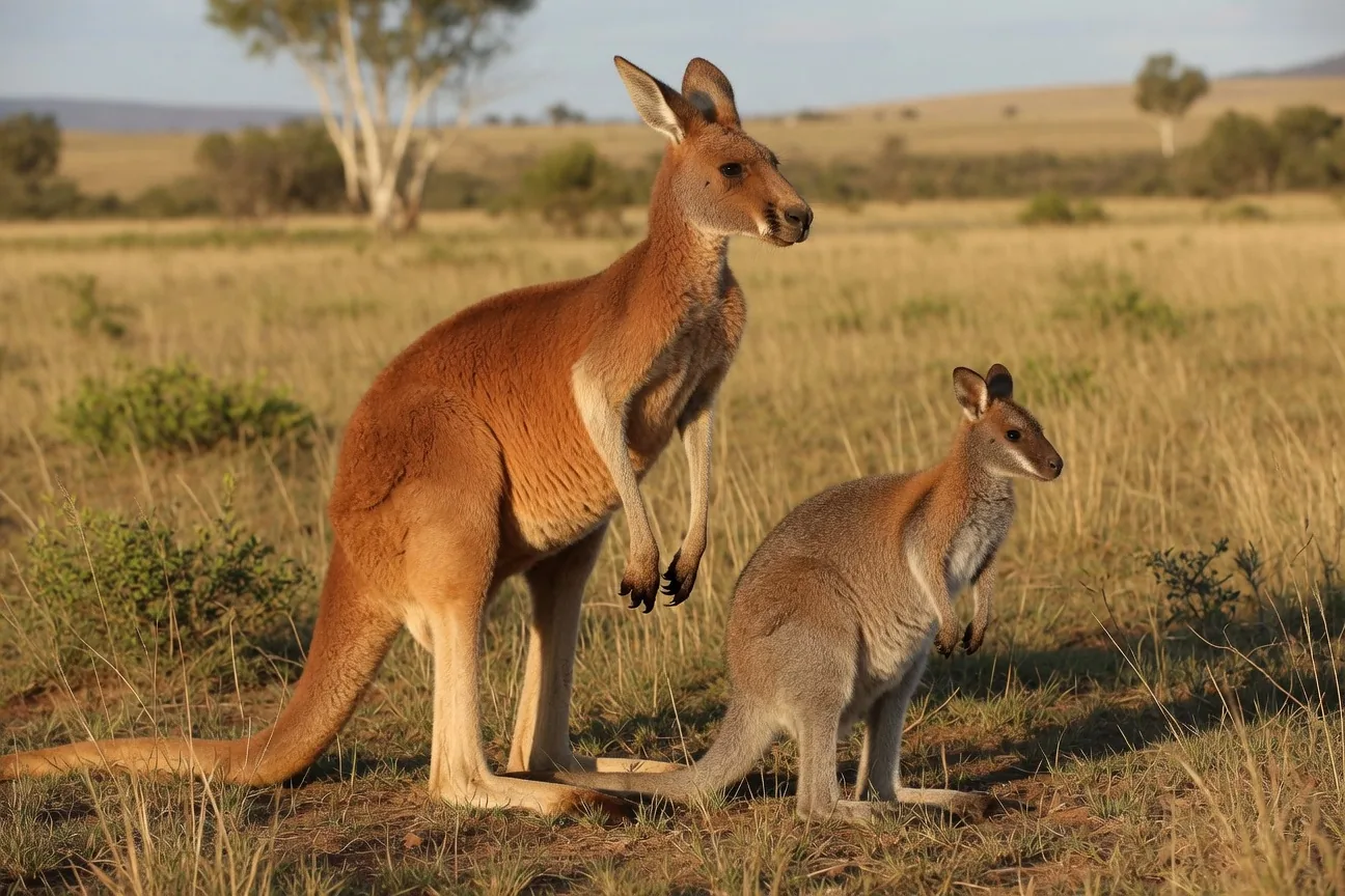 Size comparison showing a red kangaroo and a wallaby side by side on Australian grassland
