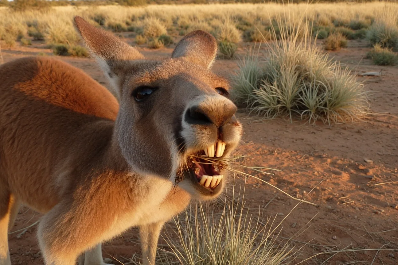 Close-up of a red kangaroo's face showing its strong jaw and curved teeth
