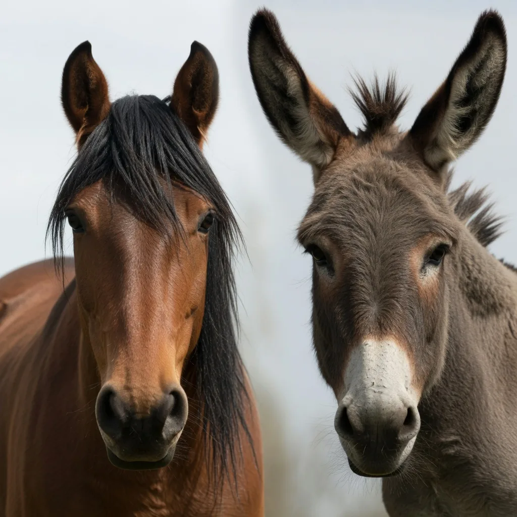 Side-by-side comparison of a horse head and a donkey head, showing the horse's short ears and long mane versus the donkey's long ears with dark tips